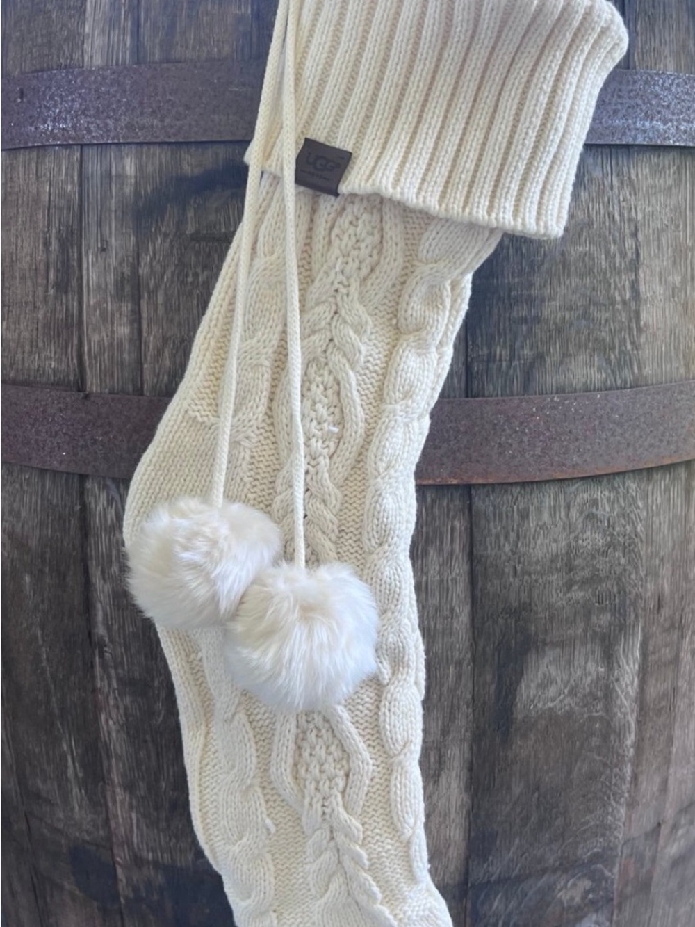 UGG Cream Cable Knit Stocking with Faux Fur Pom Poms